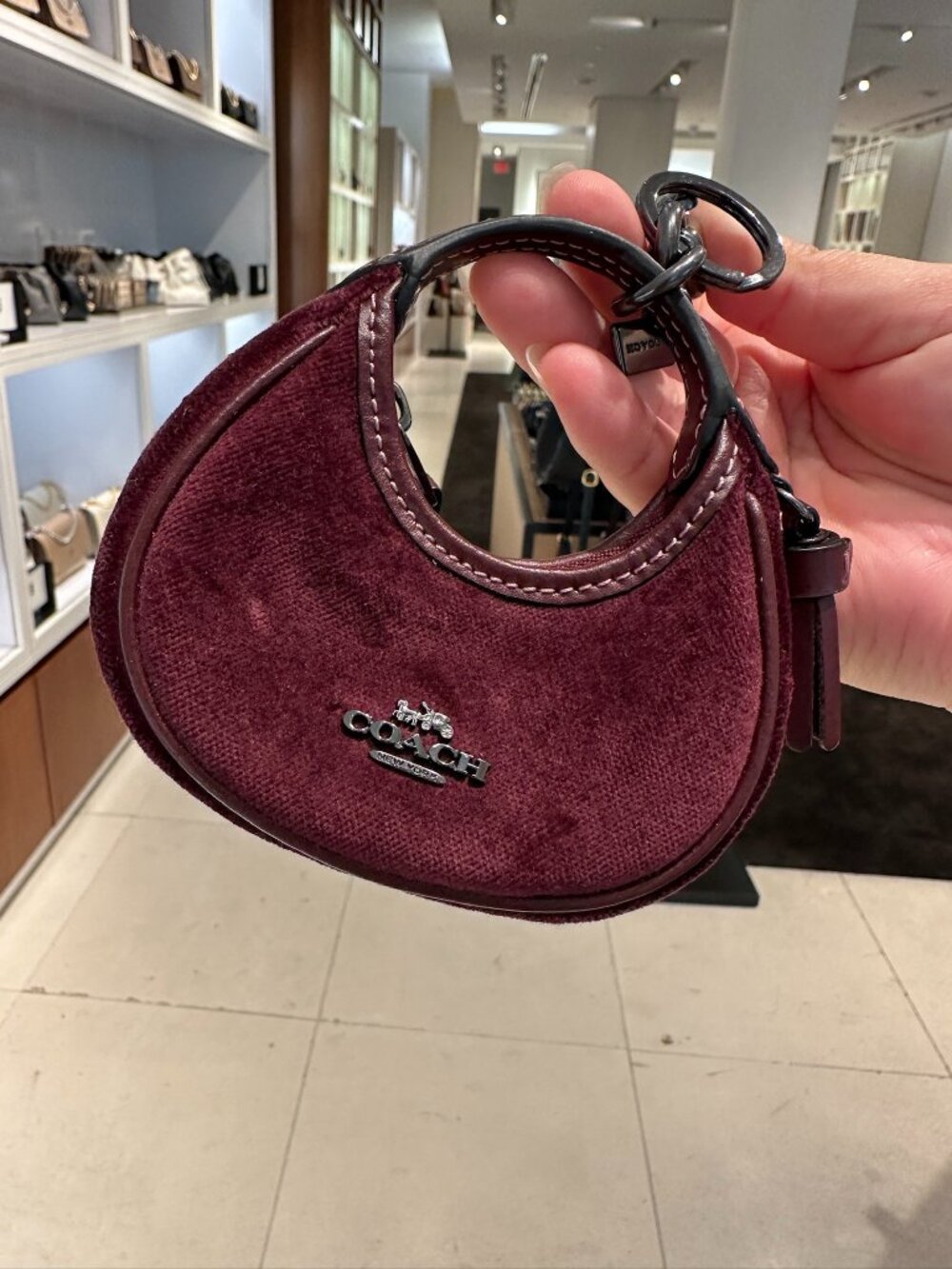 NWT! Coach CCF19 Mini Carmen Bag Charm Gunmetal/Burgundy Velvet/Smooth Leather